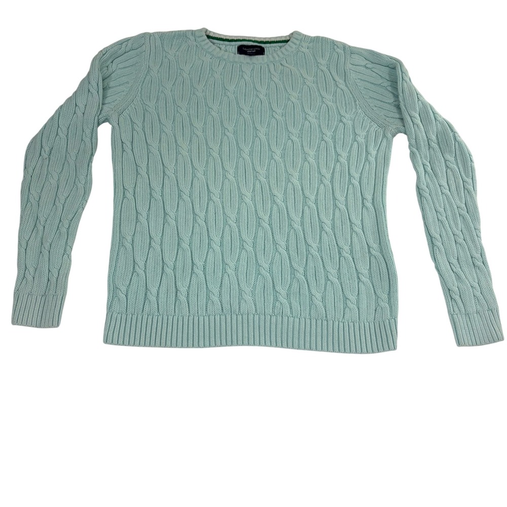 Lands End Drifter Sweater Womens Large Light Blue Cable Knit 100% Cotton‎